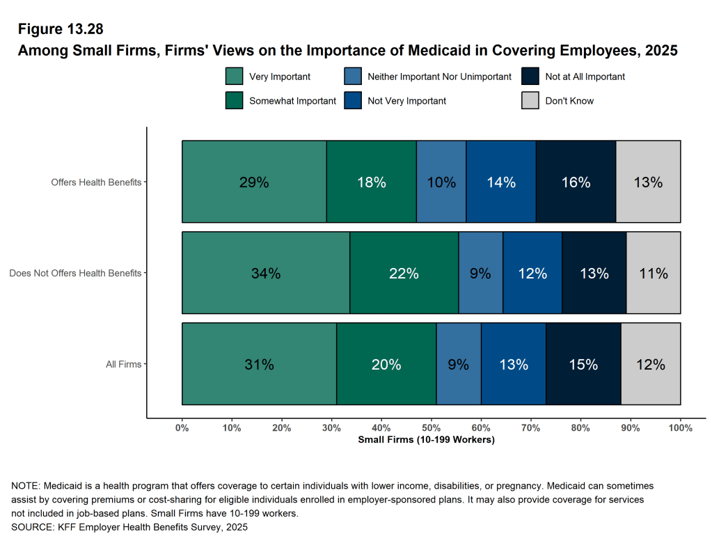 Figure 13.28: Among Small Firms, Firms' Views On the Importance of Medicaid in Covering Employees, 2025