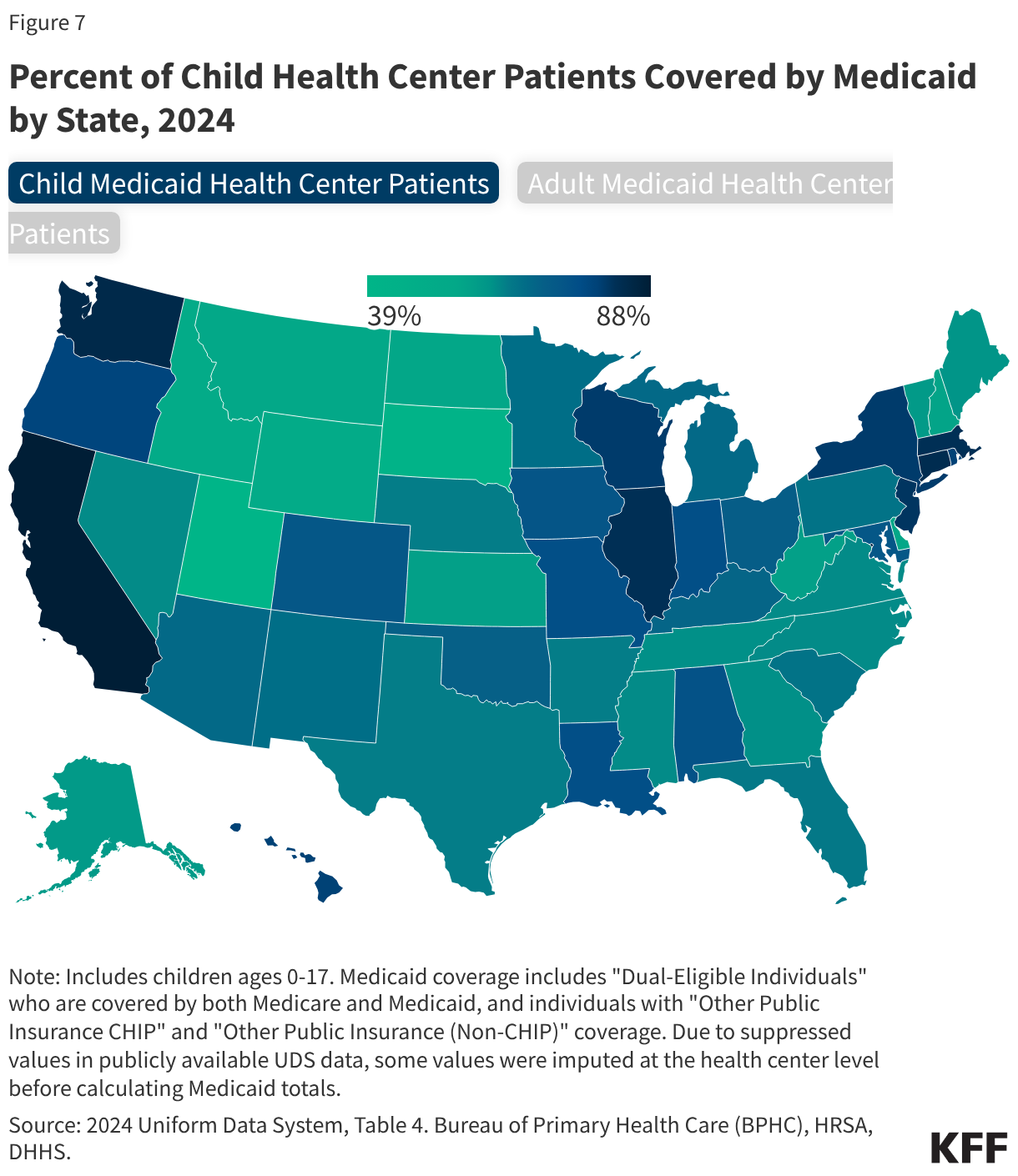 Percent of Child Health Center Patients Covered by Medicaid by State, 2024